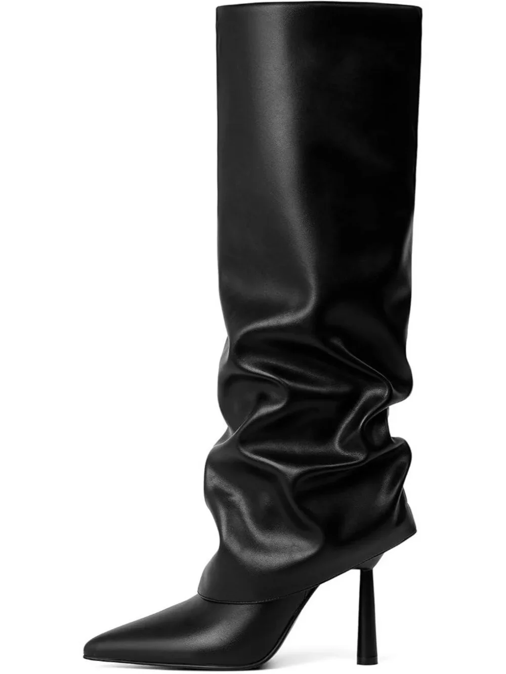 Women's Black Faux Leather Pointed Toe Stylish Heel Fold Over Knee High Boots